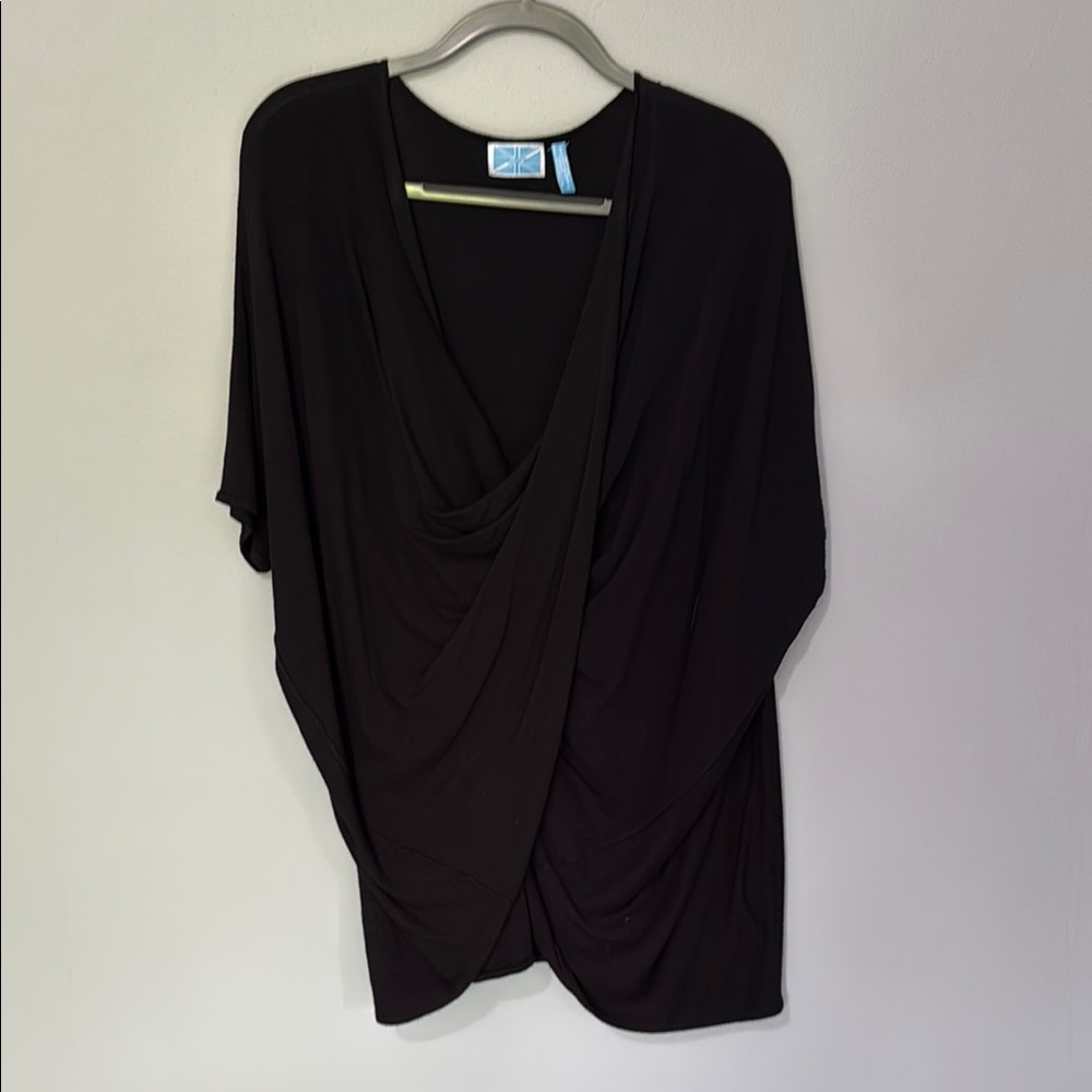 Black Relaxed Wrap Blouse with Dolman Sleeves